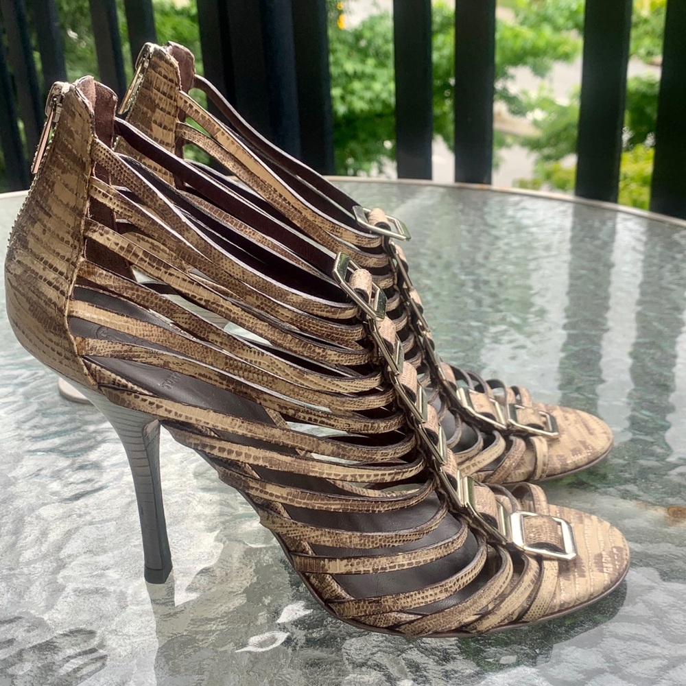 Tory Burch metallic/snake heeled cage sandal